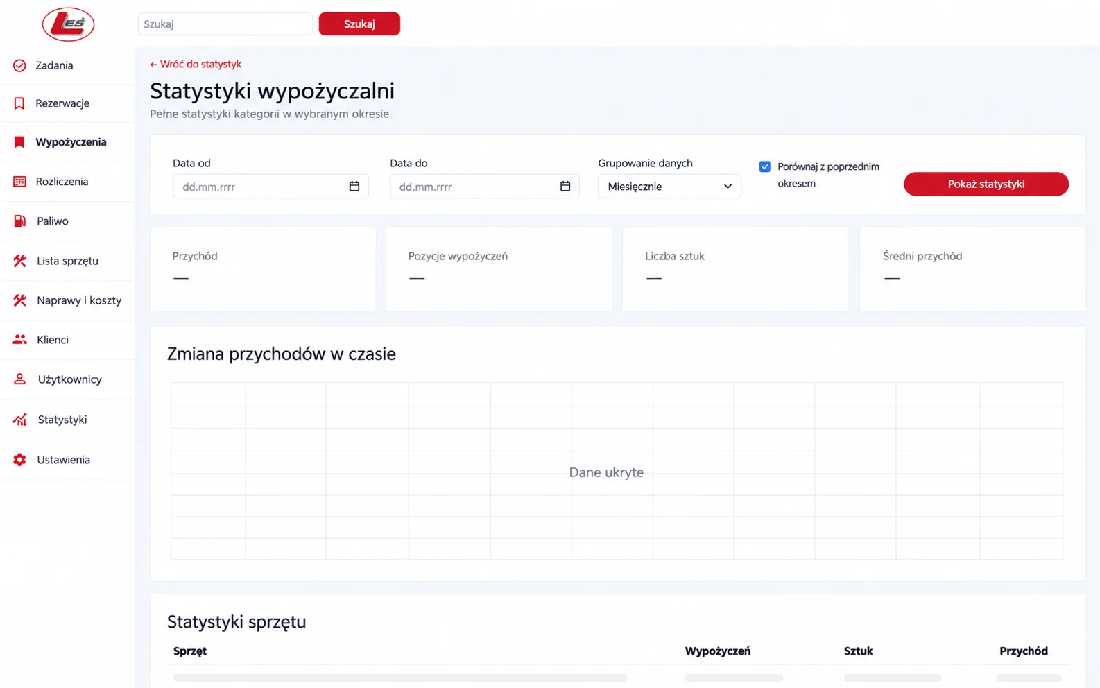 Opracowany widok panelu CRM Leś z ukrytymi danymi