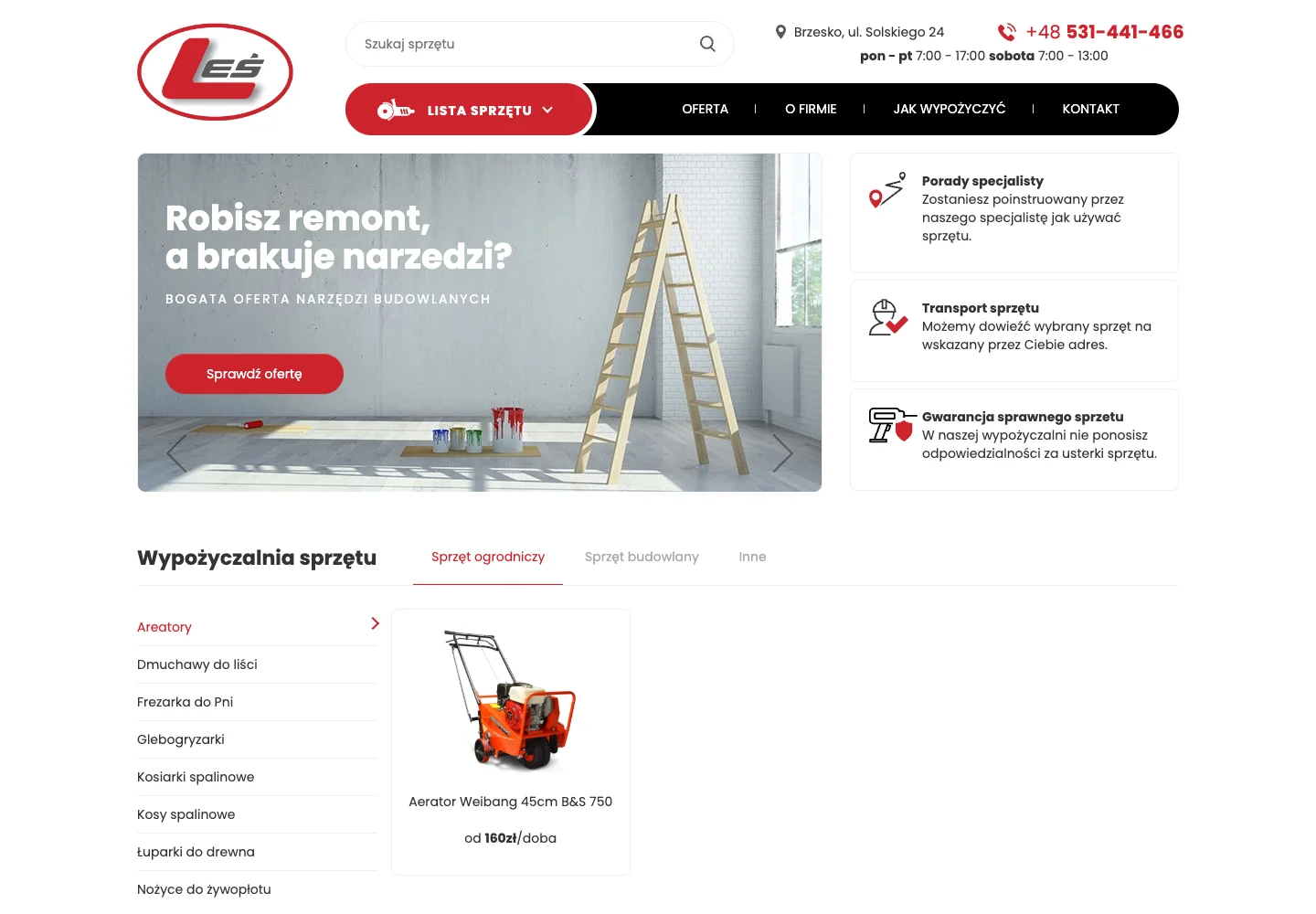 Strona główna wypożyczalni Leś z katalogiem sprzętu