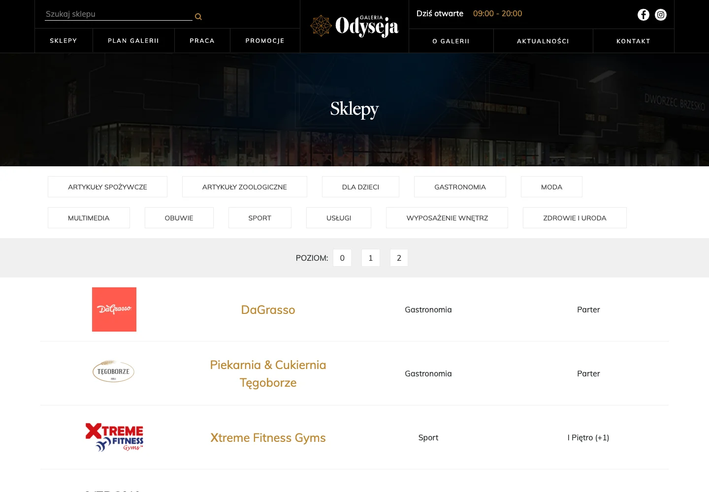 Katalog sklepów Galerii Odyseja z kategoriami i poziomami