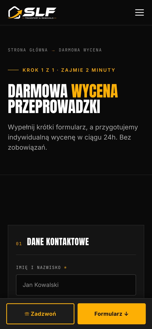 Widok mobilny formularza wyceny