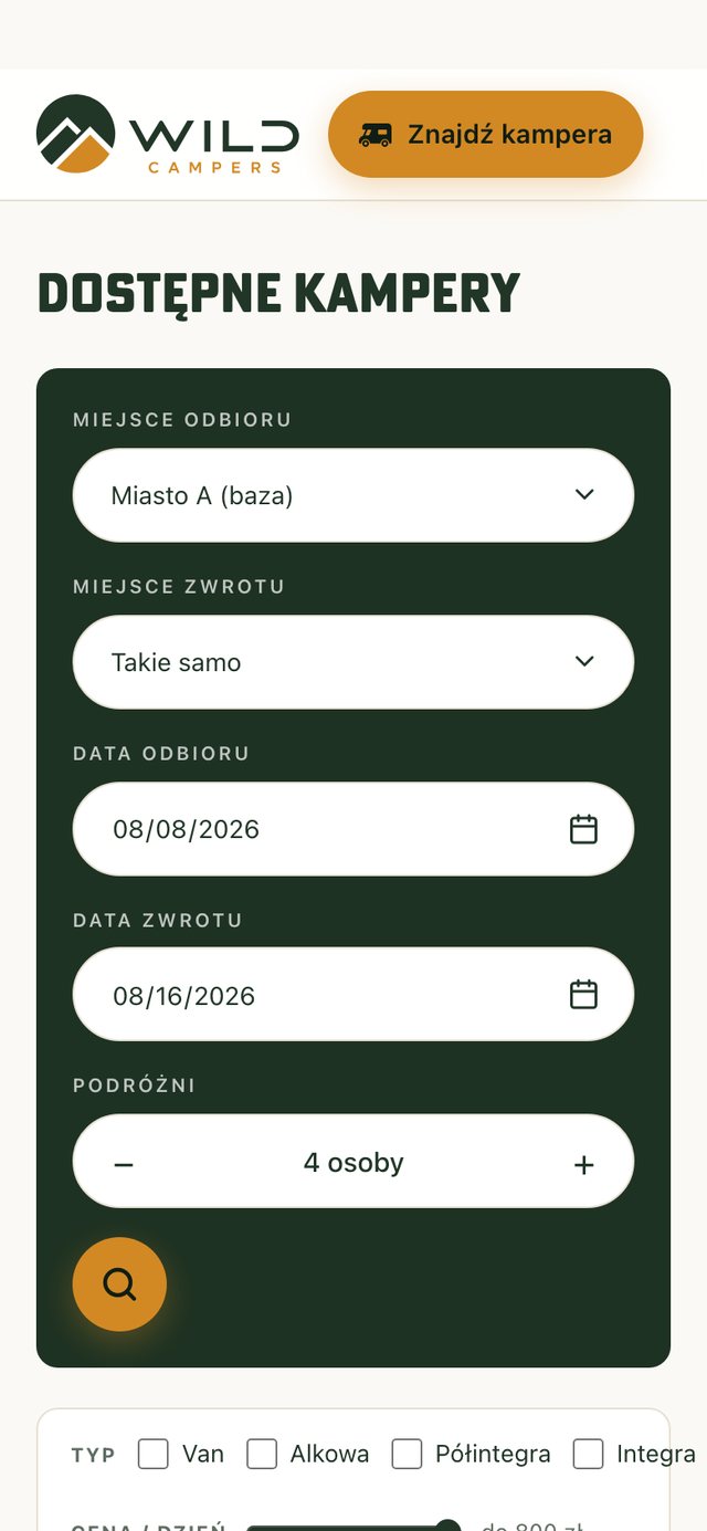 Widok mobilny listy kamperów