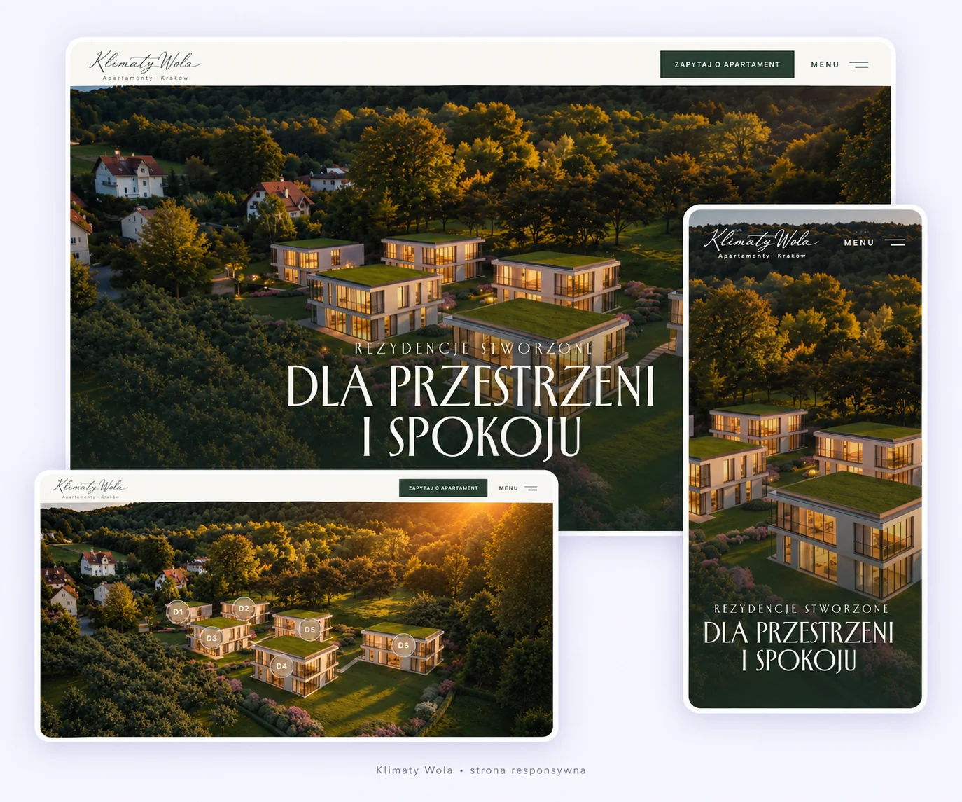 Projekt strony Apartamenty Klimaty Wola — widok komputerowy, mobilny i plan osiedla
